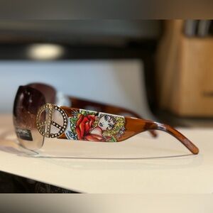 Ed Hardy Peace Sign Sunglasses Bejeweled Rose Girl Pin-up Y2K Bling